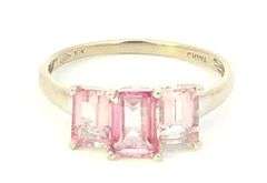 10K White Gold Emerald Cut Pink Topaz Three Stone Statement Ring