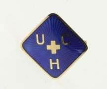 14K Yellow Gold UCH Blue Enamel Cross Vintage Lapel Pin/Brooch