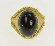18K Yellow Gold Oval Black Onyx Cabochon Ornate Vintage Ring