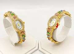 GROUP LOT OF 2x MATCHING GENEVA & GEMSTONE BANGLE BRACELET WATCHES-18KT GOLD PLATED