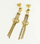 18K Yellow Gold Patterned Chain Bow Heart Dangle Fringe Earrings