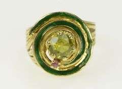14K Yellow Gold Peridot Ruby Enamel Swirl Domed Cocktail Ring