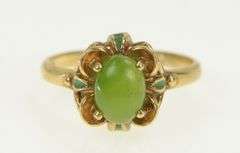 10K Yellow Gold Nephrite Green Enamel Vintage Statement Ring