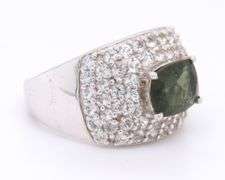Sterling Silver Dark Green Quartz Crystal Pave Ring