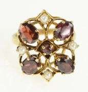 14K Yellow Gold Victorian Garnet Pearl Accent Vintage Cocktail Ring