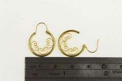 14K Yellow Gold Ornate Scroll Filigree 16.4mm Vintage Hoop Earrings