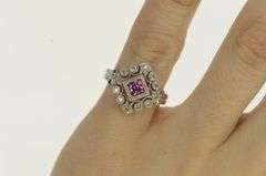 14K White Gold Pink Sapphire Diamond Ornate Filigree Ring