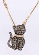 Gorgeous Yellow Gold Chocolate and White Diamond Cat Pendant on Diamond Station Necklace