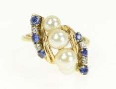 14K Yellow Gold Pearl Sapphire Diamond Vintage Cluster Bypass Ring