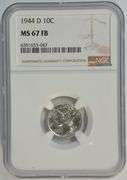 Fabulous Super Gem BU 1944-D Mercury Dime. NGC MS67 FB