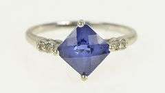 10K White Gold Cushion Syn. Sapphire Diamond Vintage Ring