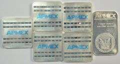 Six (6) assorted interesting Apmex 1 Troy Oz Silver Bars