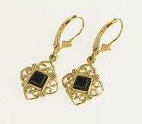 14K Yellow Gold Black Onyx Vintage Squared Filigree Dangle Earrings
