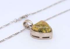 Vintage 925 Sterling Silver Heart Shaped Amber Pendant on Figaro Chain Necklace