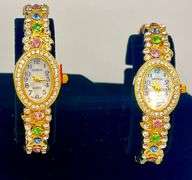 GROUP LOT OF 2x MATCHING GENEVA & GEMSTONE BANGLE BRACELET WATCHES-18KT GOLD PLATED