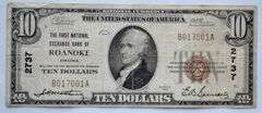 $10 1929 Series Brown Seal Roanoke Va National Currency Note