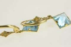 14K Yellow Gold Princess Blue Topaz Dangle Lever Back Earrings