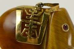 14K Yellow Gold Tiger's Eye Carved Ruby Eyed Elephant Pendant