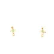 14K Yellow Gold Green & White CZ Cross Christian Faith Stud Earrings
