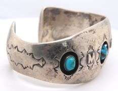 Vintage American Indian Sterling Silver Signed Turquoise Cuff Bangle