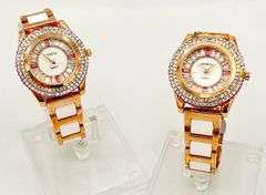 GROUP LOT OF 2x MATCHING CERAMIC & GEMSTONE WATCHES