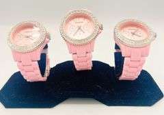 GROUP LOT OF 3x FANCY PINK GENEVA & GEMSTONE WATCHES- BRAND NEW!  40MM CASE. WATERPROOF