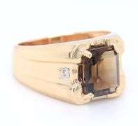 Gent's Yellow Gold Emerald Cut Smokey Quartz and Diamond Ring