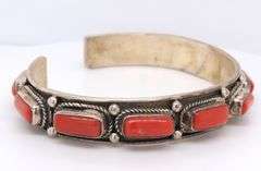 Vintage 925 Sterling Silver Coral Cuff Bangle