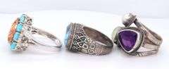 Group Lot of 3 Vintage 925 Sterling Silver Gemstone Rings
