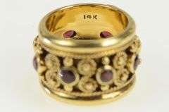 14K Yellow Gold Ornate Etruscan Revival Ruby Elaborate Band Ring