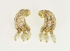 14K Yellow Gold Pearl Fringe Tassel Curved Filigree Vintage Earrings