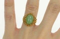 18K Yellow Gold Retro Jade Cabochon Ornate Textured Filigree Ring