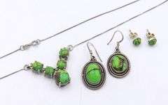 Lot of Vintage 925 Sterling Silver Green Mojave Turquoise Necklace, Dangle Earrings and Stud Earrings