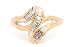 10K Yellow Gold Baguette Diamond Wavy Bypass Statement Ring
