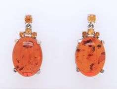 925 Sterling Silver Signed Amber Dangle Earrings
