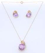 Set of Yellow Gold Amethyst and Diamond Pendant on Chain with Matching Earrings