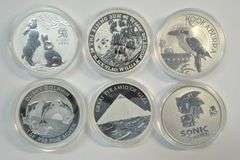 6 Different Premium 1 Troy Oz Silver coins in capsules