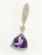 14K White Gold Trillion Amethyst Diamond Ornate Granulated Pendant
