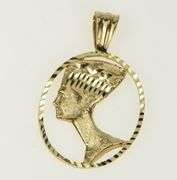 14K Yellow Gold Ornate Egyptian Queen Nefertiti Bust Vintage Pendant
