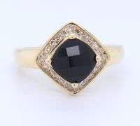 Charming Yellow Gold Black Onyx and Diamond Halo Cocktail Ring