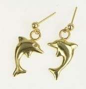 14K Yellow Gold Puffy Dolphin Beach Ocean Motif Dangle Earrings