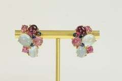 14K Yellow Gold 1960's Retro Ruby Tourmaline Topaz Sapphire Earrings