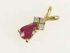 14K Yellow Gold Pear Natural Ruby Diamond Cluster Accent Pendant