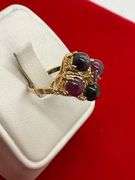 14K GOLD RING WITH GARNET, RUBY AND SAPPHIRE