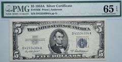 $5 1953A Silver Certificate/Blue Seal/Gem Unc 65 EPQ