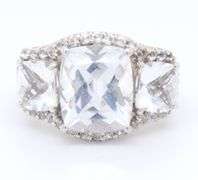 925 Sterling Silver Three Stone White Topaz Cushion Cut Ring