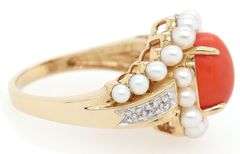 Oval Coral Seeded Pearl and Diamond Accent Frame Ring in 14K