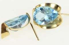10K Yellow Gold Pear Blue Topaz Retro Scalloped Stud Earrings