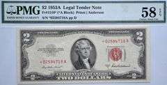 PMG $2 1953A Legal Tender Note/Red Seal Star Note/CAU 58 EPQ