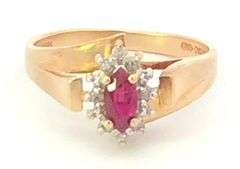 10K Yellow Gold Marquise Ruby Diamond Halo Statement Ring